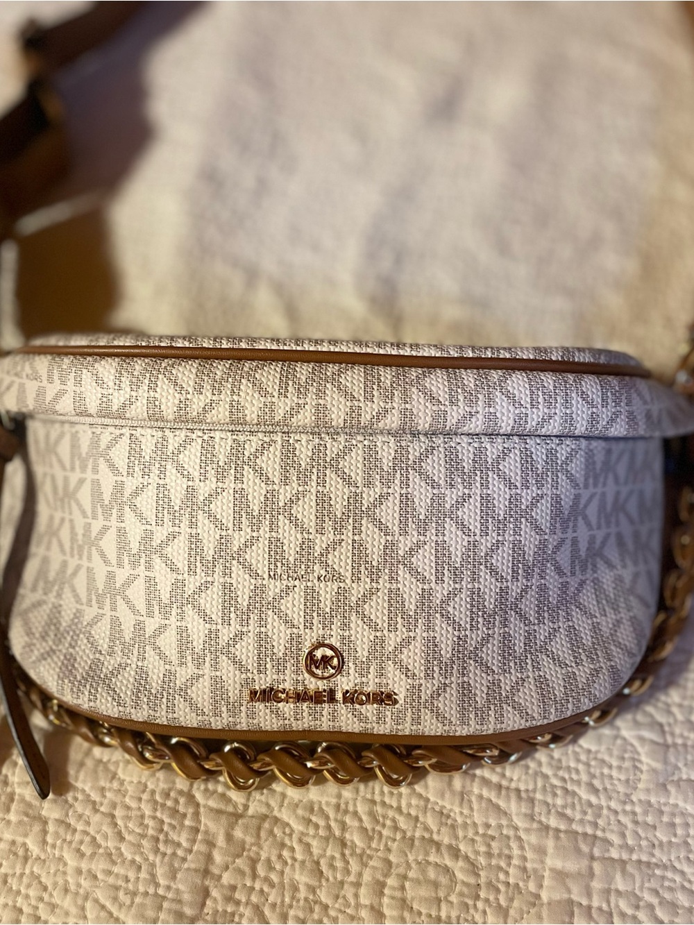 Michael Kors Cream Logo Crossbody with Brown Trim